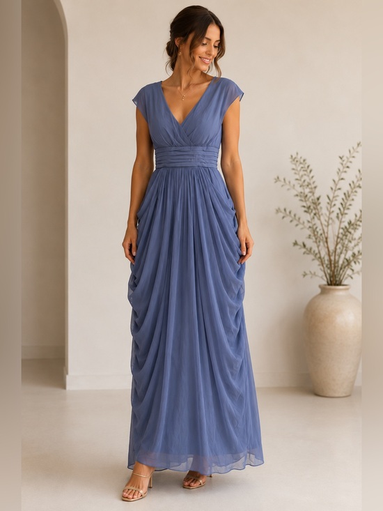 Dresses & Skirts - Elegant V-Neck Dusty Blue Pleated Maxi Dress